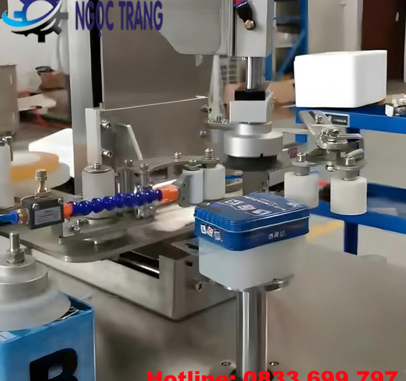 Máy dán băng keo hộp thiếc - Máy đóng gói hộp bánh thiếc