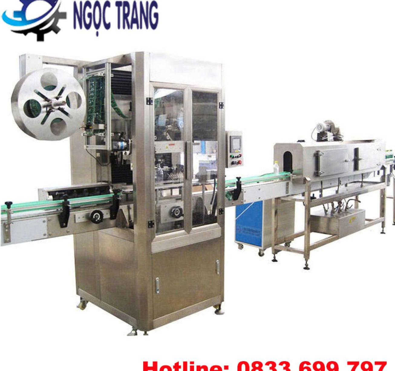 Máy phóng nhãn màng co - Máy phóng màng co chai lọ tự động